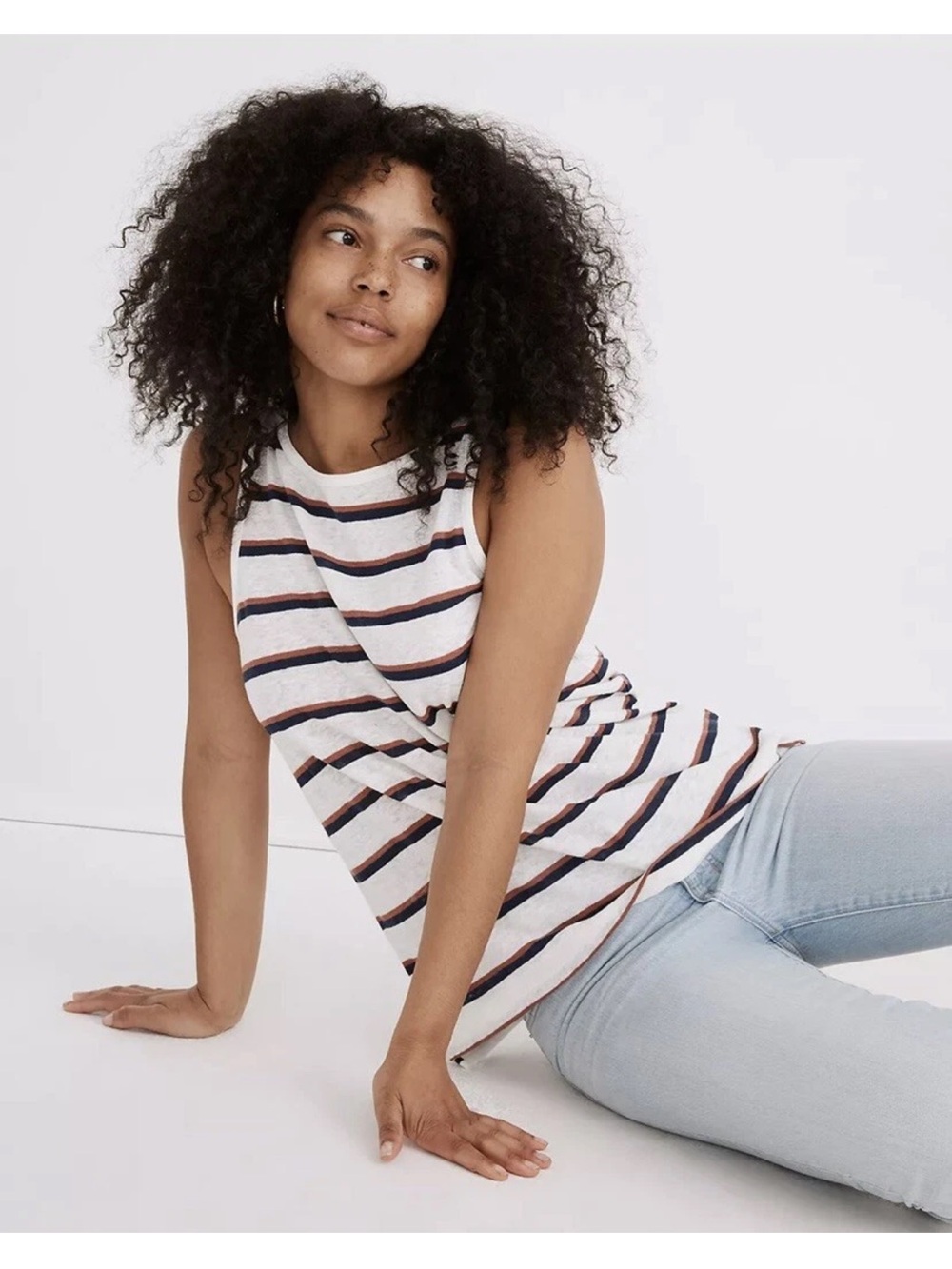 Madewell Striped Sleeveless Tank Top in White, Navy & Brown